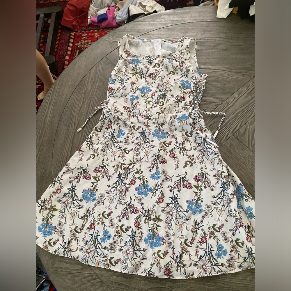 Floral Sleeveless Dress - White with Blue and Pink Accents